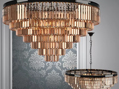 Elegant Multi Tiered Crystal Chandelier With Metal Frame And Patterned Wallpaper Background 3d model