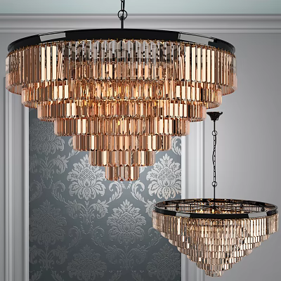 Elegant Multi Tiered Crystal Chandelier With Metal Frame And Patterned Wallpaper Background 3d model