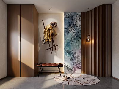 Modern Wooden Entryway Cabinet Side Cabinet With Bench Round Rug And Tropical Plant Wall 3d model