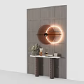 Modern Console Table with Round Light Fixture Wooden Panel Wall and Decorative Plants 3d model