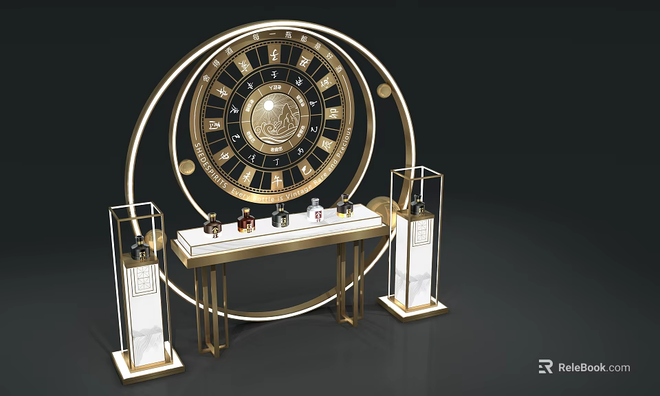 Golden Display Shelf With Circular Decoration White Countertop And Twin Glass Showcases Holding Small Bottles 3d model 