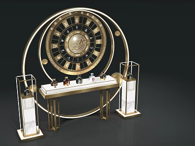 Golden Display Shelf With Circular Decoration White Countertop And Twin Glass Showcases Holding Small Bottles 3d model