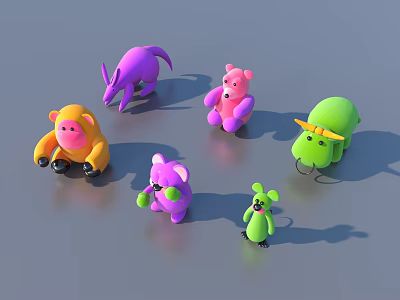 Collection of Cute Colorful Plush Dolls with Various Animal Designs and Bright Hues 3d model