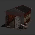 Cartoon Scene of Brick Shed with Dark Roof Open Wooden Doors and Metal Barrels