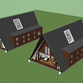 A frame Guesthouse Building With Black Roof Brown White Walls On Green Lawn