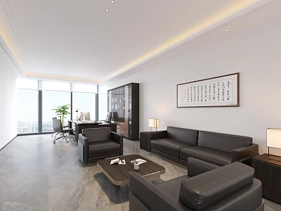 Modern Office Interior Design With Spacious Layout Sofa Work Desk Bookshelf And Potted Plant 3d model