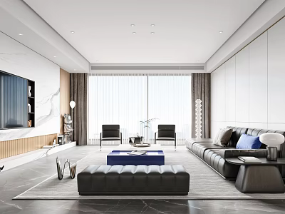 Modern Living Room Interior Design With Large TV Floor To Ceiling Windows And Gray Sofa 3d model