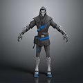 Hooded Masked Character In Gray Armor With Blue Accents Standing 3D Model Pose