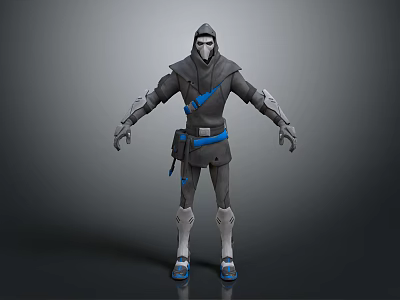 Hooded Masked Character In Gray Armor With Blue Accents Standing 3D Model Pose 3d model