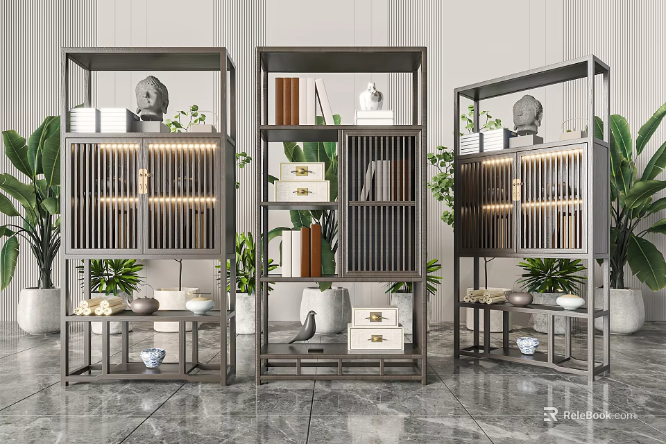 Modern Gray Display Shelving Unit with Slatted Design Books Decorative Items and Indoor Plants 3d model 