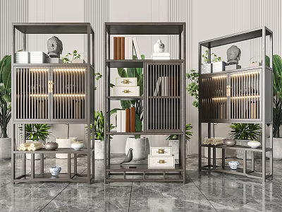 Modern Gray Display Shelving Unit with Slatted Design Books Decorative Items and Indoor Plants 3d model