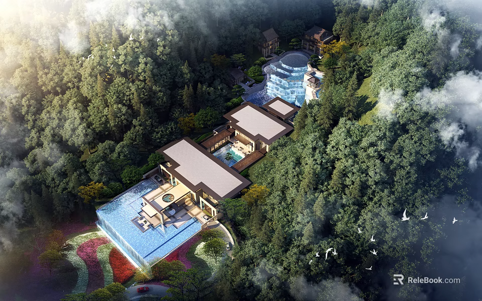 Luxury Forest Villa Resort With Swimming Pool Modern Architecture And Lush Green Trees Surroundings 3d model 