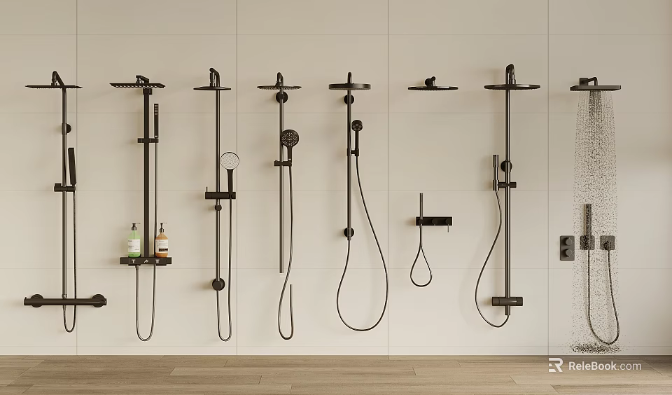Modern Shower Fixtures With Multiple Designs Mounted On Wall For Bathroom Interior 3d model