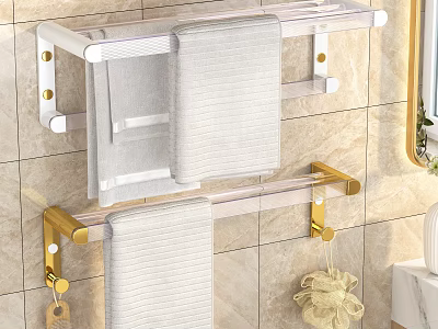Wall Mounted Bathroom Rack With Transparent Design Golden Fixtures And Hanging Towels On Tile Wall 3d model