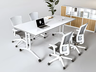 White Conference Table with Chairs Laptop Book Glass and Green Plant Wooden Shelf 3d model