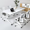 White Conference Table with Chairs Laptop Book Glass and Green Plant Wooden Shelf