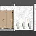 Modern Public Toilet Interior With Wooden Cubicles Urinals And Marble Walls