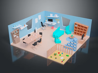 Cozy Indoor Landscape with Blue Walls White Shelves Table Black Chairs and Kids' Play Area with Toys 3d model