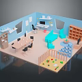 Cozy Indoor Landscape with Blue Walls White Shelves Table Black Chairs and Kids' Play Area with Toys