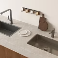Kitchen Sink Countertop With Light Surface Double Sinks Faucets Wall Rack Mugs Wooden Cutting Board