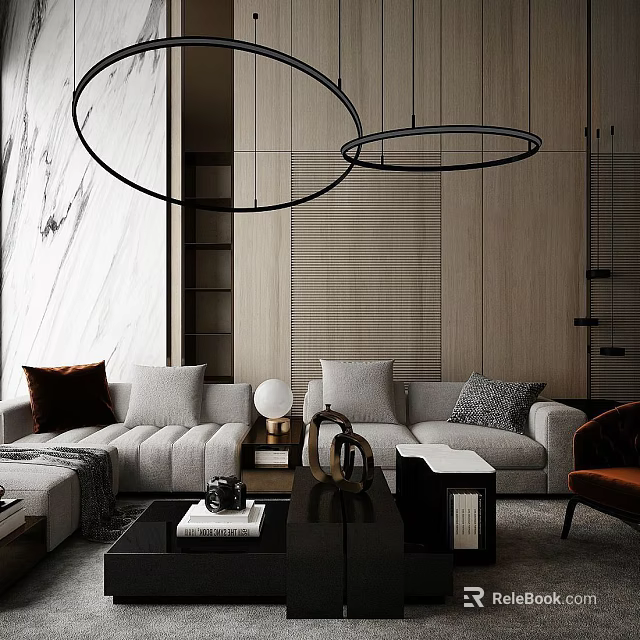Modern Sofa and Coffee Table Set With Plush Cushions and Decorative Pendant Lights 3d model 