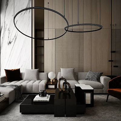 Modern Sofa and Coffee Table Set With Plush Cushions and Decorative Pendant Lights 3d model