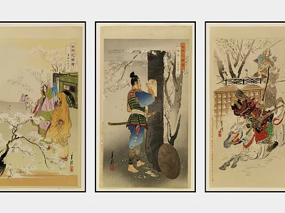 Traditional Japanese Ukiyo e Artworks With Historical Figures And Natural Elements 3d model