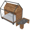Modern Wooden Pet House With Metal Frame White Cushion And Food Bowls