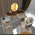 Elegant Dressing Table With Wooden Top White Drawers Gold Handles Round Mirror And Accent Chair