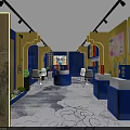 Modern Commercial Interior Design With Yellow Blue Walls Blue Counters White Chairs And Patterned Floor