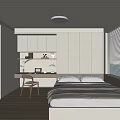 Modern Minimalist Tatami Bedroom with Built-in White Cabinets Desk Chair Gray Bed Sheets Wooden Floor Window Blinds