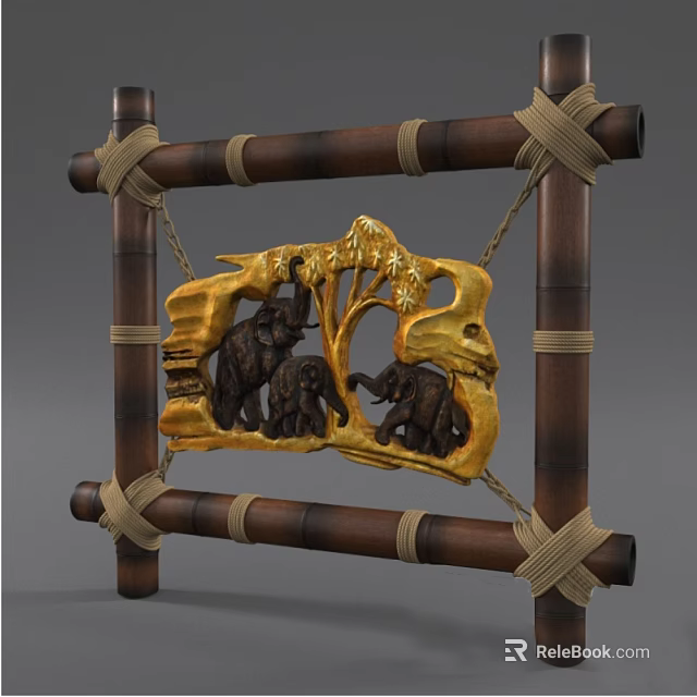 Decorative Ornament Set With Bamboo Frame Ropes Tied Golden Brown Carved Elephants And Tree Design 3d model 