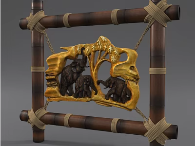Decorative Ornament Set With Bamboo Frame Ropes Tied Golden Brown Carved Elephants And Tree Design 3d model