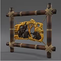 Decorative Ornament Set With Bamboo Frame Ropes Tied Golden Brown Carved Elephants And Tree Design