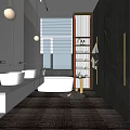 Elegant Modern Bathroom Interior Design With White Vanity Bathtub Marble Walls And Wooden Shelves