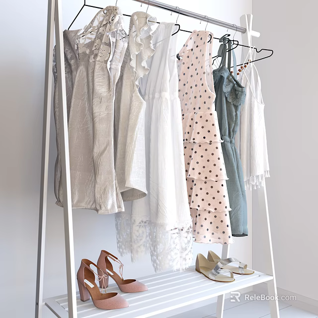 White Clothes Rack with Hanging Polka Dot Pink Green White Dresses Blouses and Shoes 3d model 