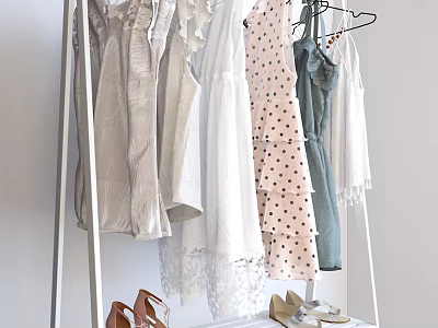 White Clothes Rack with Hanging Polka Dot Pink Green White Dresses Blouses and Shoes 3d model
