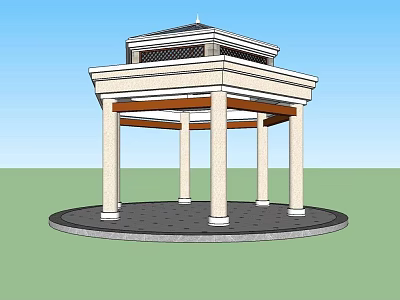 Octagonal Gazebo With Stone Columns Layered Roof And Circular Base On Green Lawn 3d model