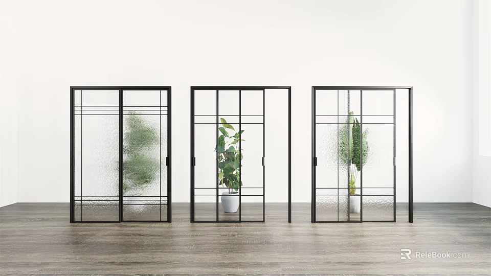 Sliding Doors With Black Frames Grid Glass And Green Plants Against White Walls Wooden Floor 3d model 