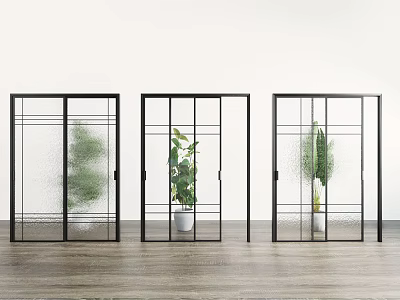 Sliding Doors With Black Frames Grid Glass And Green Plants Against White Walls Wooden Floor 3d model