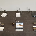 Business Meeting Table Setup With Water Bottles Laptop Documents And Tablet 3d model