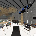 Modern Open Space Café With Large Windows Eiffel Tower Art Hanging Motorcycle And Wooden Structures