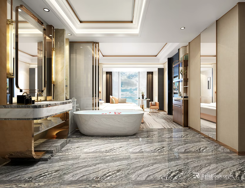 Luxury Modern Hotel Room Interior With Marble Bathroom Bathtub Large Windows Mirrors And Chandelier 3d model 
