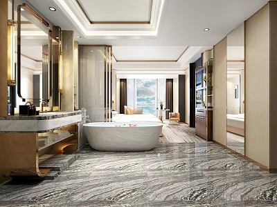 Luxury Modern Hotel Room Interior With Marble Bathroom Bathtub Large Windows Mirrors And Chandelier 3d model