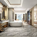 Luxury Modern Hotel Room Interior With Marble Bathroom Bathtub Large Windows Mirrors And Chandelier
