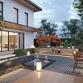 Modern Villa Garden Landscape Design with Courtyard Water Feature Outdoor Furniture and Greenery Lighting