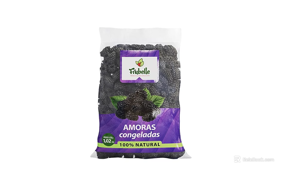 Fribelle Frozen Blackberries 100 Natural Bag With Fruit Image And Green Leaves 3d model 
