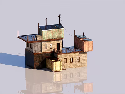 Rustic Industrial Architectural Model With Mixed Material Sections And Rooftop Antennas 3d model