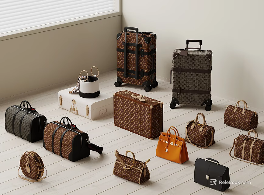 Various Stylish Luggage and Designer Bags Including Suitcases Handbags Travel Bags in Brown Black Orange 3d model 