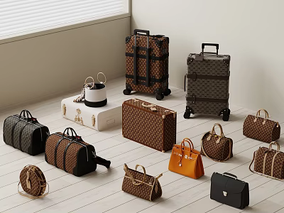 Various Stylish Luggage and Designer Bags Including Suitcases Handbags Travel Bags in Brown Black Orange 3d model